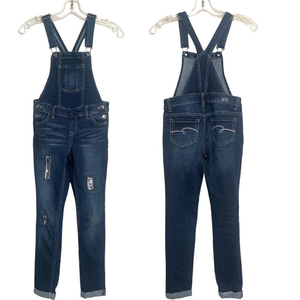 Justice Girls Overalls Size 8 Adjustable Flip Sequins Distressed Cuffed Hem Fall